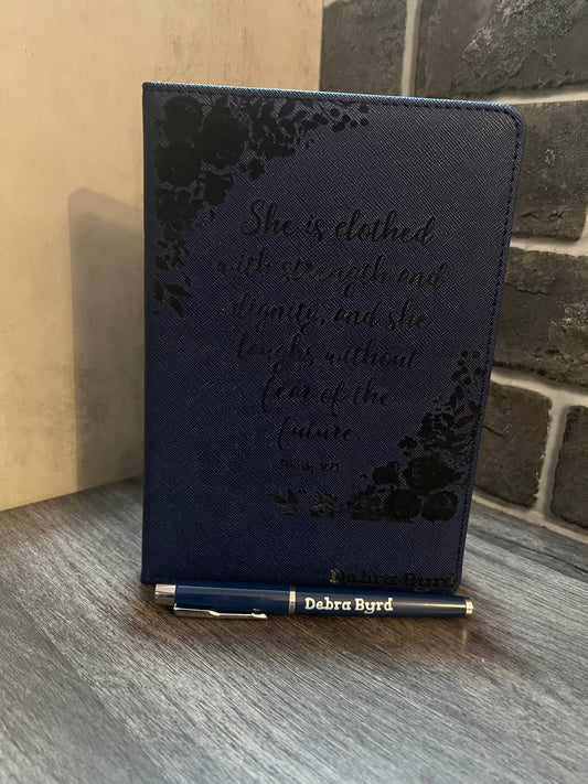 She is Clothed with Strength Personalized Leather Journal with Pen